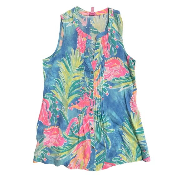 Lilly Pulitzer Sleeveless Floral and Flamingo Print Shell in Blue and Pink - Picture 2 of 9